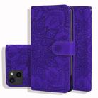 For iPhone 15 Mandala Embossed Dual-Fold Calf Leather Phone Case(Purple) - 1