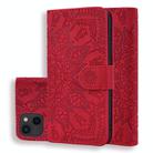 For iPhone 15 Mandala Embossed Dual-Fold Calf Leather Phone Case(Red) - 1