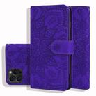 For iPhone 15 Pro Mandala Embossed Dual-Fold Calf Leather Phone Case(Purple) - 1