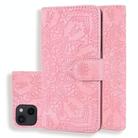 For iPhone 15 Plus Mandala Embossed Dual-Fold Calf Leather Phone Case(Pink) - 1