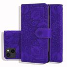 For iPhone 15 Plus Mandala Embossed Dual-Fold Calf Leather Phone Case(Purple) - 1