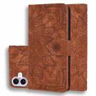 For iPhone 16 Plus Mandala Embossed Dual-Fold Calf Leather Phone Case(Brown) - 1