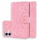 For iPhone 16 Mandala Embossed Dual-Fold Calf Leather Phone Case(Pink) - 1