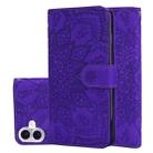 For iPhone 16 Mandala Embossed Dual-Fold Calf Leather Phone Case(Purple) - 1