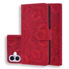 For iPhone 16 Mandala Embossed Dual-Fold Calf Leather Phone Case(Red) - 1