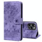 For iPhone 15 Pro Max Cartoon Sakura Cat Embossed Leather Phone Case(Purple) - 1