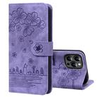 For iPhone 15 Pro Cartoon Sakura Cat Embossed Leather Phone Case(Purple) - 1