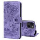 For iPhone 14 Plus Cartoon Sakura Cat Embossed Leather Phone Case(Purple) - 1