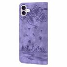 For iPhone 16 Plus Cartoon Sakura Cat Embossed Leather Phone Case(Purple) - 3