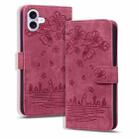 For iPhone 16 Plus Cartoon Sakura Cat Embossed Leather Phone Case(Wine Red) - 1