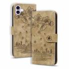 For iPhone 16 Cartoon Sakura Cat Embossed Leather Phone Case(Brown) - 1