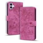 For iPhone 16 Cartoon Sakura Cat Embossed Leather Phone Case(Rose Red) - 1