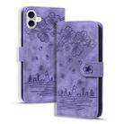For iPhone 16 Cartoon Sakura Cat Embossed Leather Phone Case(Purple) - 1