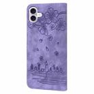 For iPhone 16 Cartoon Sakura Cat Embossed Leather Phone Case(Purple) - 3