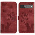 For Google Pixel 6 Pro Butterfly Cat Embossing Flip Leather Phone Case(Red) - 1