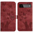 For Google Pixel 6 Butterfly Cat Embossing Flip Leather Phone Case(Red) - 1