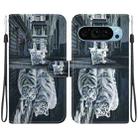 For Google Pixel 9 Pro Crystal Texture Colored Drawing Leather Phone Case(Cat Tiger Reflection) - 1