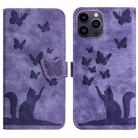 For iPhone 15 Pro Max Butterfly Cat Embossing Flip Leather Phone Case(Purple) - 1