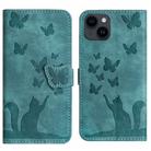 For iPhone 15 Plus Butterfly Cat Embossing Flip Leather Phone Case(Wathet) - 1