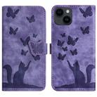 For iPhone 15 Butterfly Cat Embossing Flip Leather Phone Case(Purple) - 1