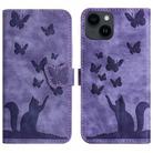 For iPhone 14 Plus Butterfly Cat Embossing Flip Leather Phone Case(Purple) - 1