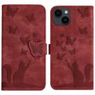 For iPhone 14 Plus Butterfly Cat Embossing Flip Leather Phone Case(Red) - 1