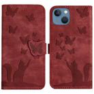 For iPhone 13 Butterfly Cat Embossing Flip Leather Phone Case(Red) - 1