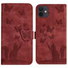 For iPhone 12 / 12 Pro Butterfly Cat Embossing Flip Leather Phone Case(Red) - 1