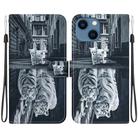 For iPhone 13 Crystal Texture Colored Drawing Leather Phone Case(Cat Tiger Reflection) - 1