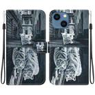 For iPhone 13 mini Crystal Texture Colored Drawing Leather Phone Case(Cat Tiger Reflection) - 1