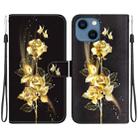 For iPhone 15 Crystal Texture Colored Drawing Leather Phone Case(Gold Butterfly Rose) - 1