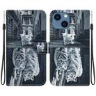 For iPhone 15 Crystal Texture Colored Drawing Leather Phone Case(Cat Tiger Reflection) - 1