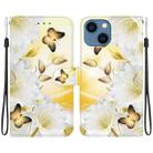 For iPhone 15 Crystal Texture Colored Drawing Leather Phone Case(Gold Butterfly Epiphyllum) - 1