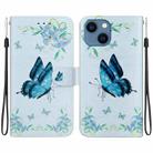 For iPhone 15 Crystal Texture Colored Drawing Leather Phone Case(Blue Pansies) - 1