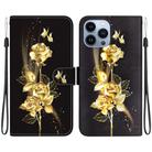 For iPhone 15 Pro Max Crystal Texture Colored Drawing Leather Phone Case(Gold Butterfly Rose) - 1