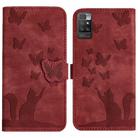 For Xiaomi Redmi 10 Butterfly Cat Embossing Flip Leather Phone Case(Red) - 1