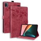 For Xiaomi Pad 5 / 5 Pro Cartoon Sakura Cat Embossed Leather Tablet Case(Red) - 1