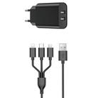 WIWU Wi-U003 Quick Series Dual USB Charger with 3 in 1 USB Charging Data Cable Set, EU Plug(Black) - 1