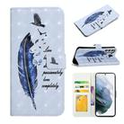 For Samsung Galaxy S21 5G Oil Embossed 3D Drawing Leather Phone Case(Blue Feather) - 1