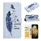For Samsung Galaxy S21 Ultra 5G Oil Embossed 3D Drawing Leather Phone Case(Blue Feather) - 1
