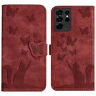 For Samsung Galaxy S21 Ultra 5G Butterfly Cat Embossing Flip Leather Phone Case(Red) - 1