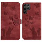 For Samsung Galaxy S22 Ultra 5G Butterfly Cat Embossing Flip Leather Phone Case(Red) - 1