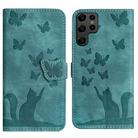 For Samsung Galaxy S22 Ultra 5G Butterfly Cat Embossing Flip Leather Phone Case(Wathet) - 1