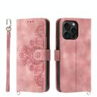 For iPhone 15 Pro Max Skin-feel Flowers Embossed Wallet Leather Phone Case(Pink) - 1