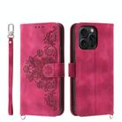 For iPhone 15 Pro Max Skin-feel Flowers Embossed Wallet Leather Phone Case(Wine Red) - 1