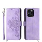 For iPhone 15 Pro Max Skin-feel Flowers Embossed Wallet Leather Phone Case(Purple) - 1