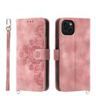 For iPhone 15 Plus Skin-feel Flowers Embossed Wallet Leather Phone Case(Pink) - 1