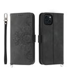 For iPhone 15 Plus Skin-feel Flowers Embossed Wallet Leather Phone Case(Black) - 1