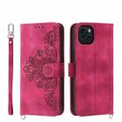 For iPhone 15 Plus Skin-feel Flowers Embossed Wallet Leather Phone Case(Wine Red) - 1