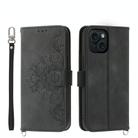 For iPhone 15 Skin-feel Flowers Embossed Wallet Leather Phone Case(Black) - 1